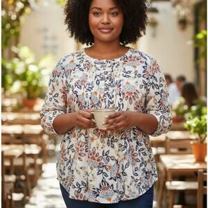 Daniel Rainn Pintucked Blouse Womens Size 1X Ivory Multicolor Floral Popover Top